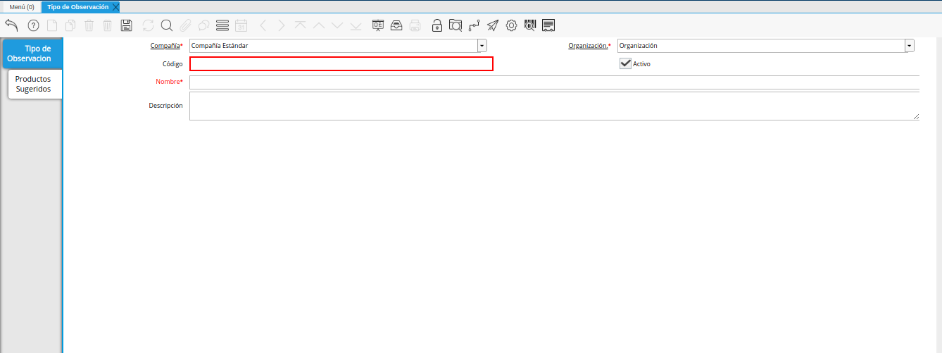 campo código de la ventana tipo de observación