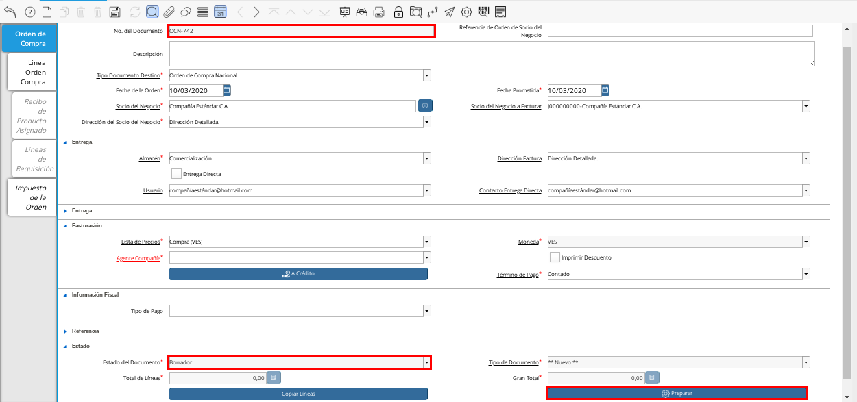 Orden de Compra Generada desde el Proceso Crear OC desde Requisición
