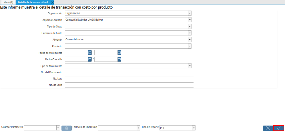 Opción OK de la Ventana Detalle de la Transacción de Costos