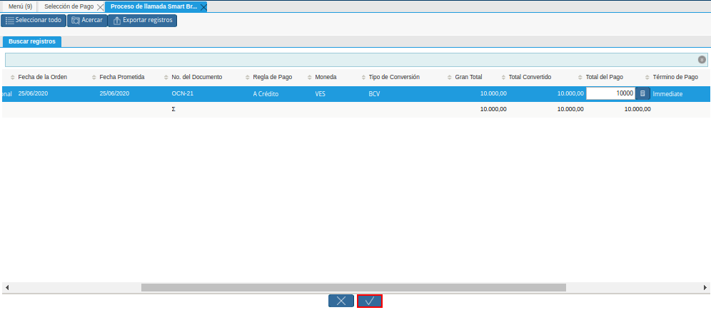 Opción Ok de la Ventana de Búsqueda Inteligente del Proceso Crear Desde Orden