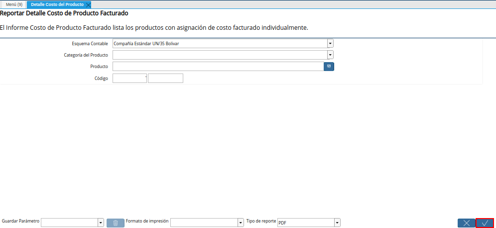 Opción OK de la Ventana Detalle Costo del Producto