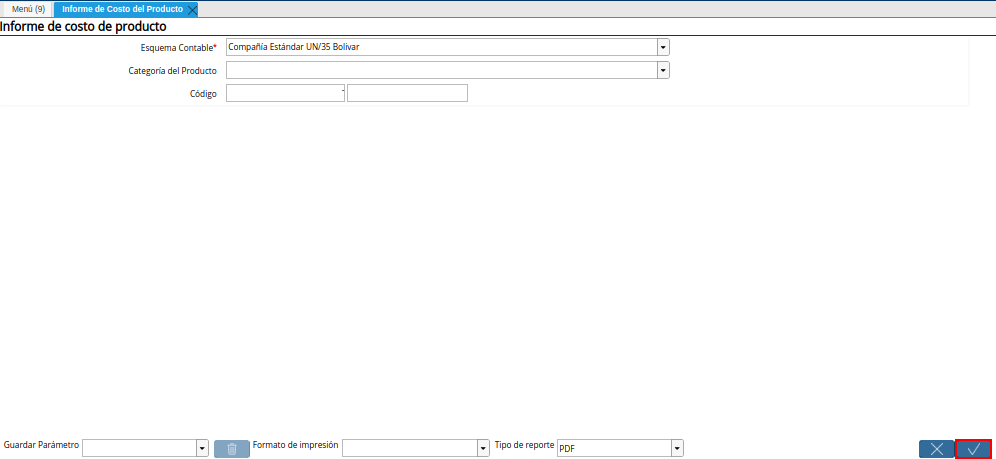 Opción OK de la Ventana del Reporte para Generar el Informe de Costo del Producto