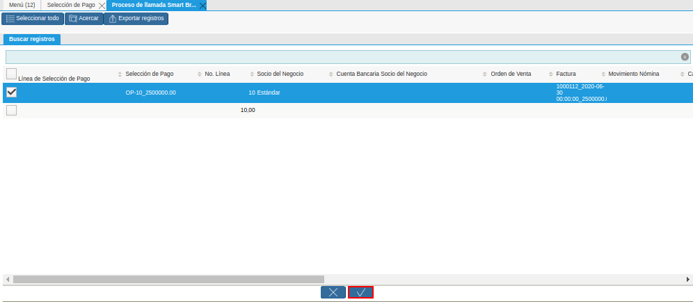 Opción OK de la Ventana de Búsqueda Inteligente del Proceso Crear desde la Selección de Pago
