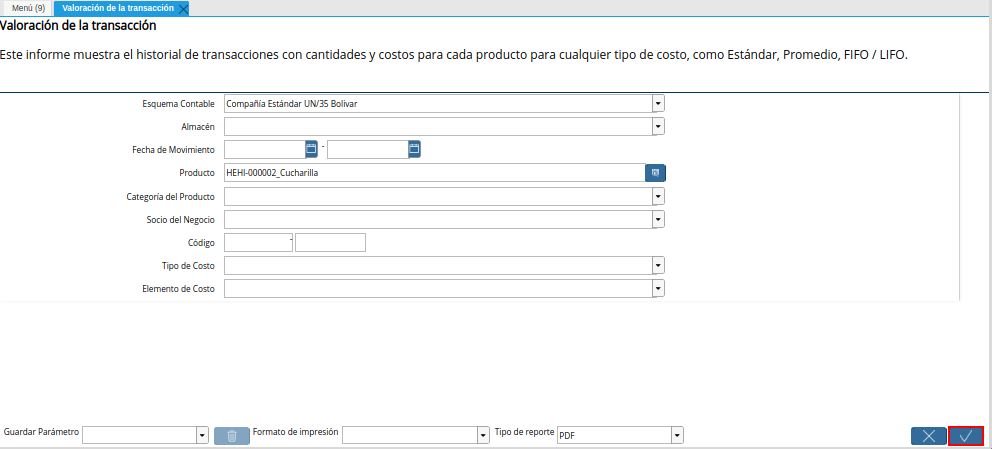 Opción OK Ventana Valoración de la Transacción