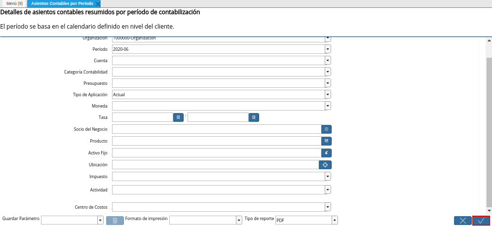 Opción OK de la Ventana Asientos Contables por Período