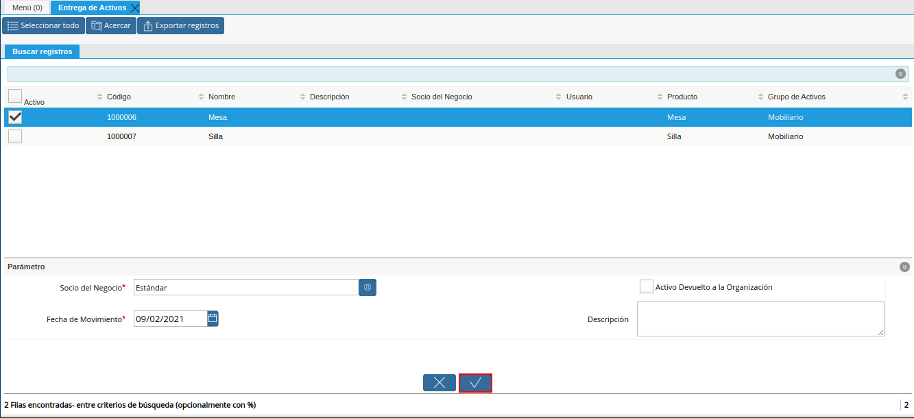 opción ok de la ventana entrega de activos