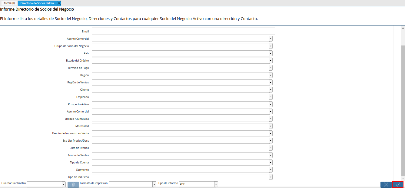 opción ok del reporte directorio de socios del negocio