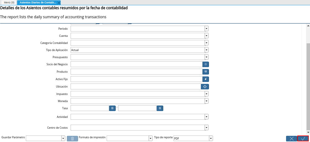 Opción OK de la Ventana Asientos Diarios de Contabilidad