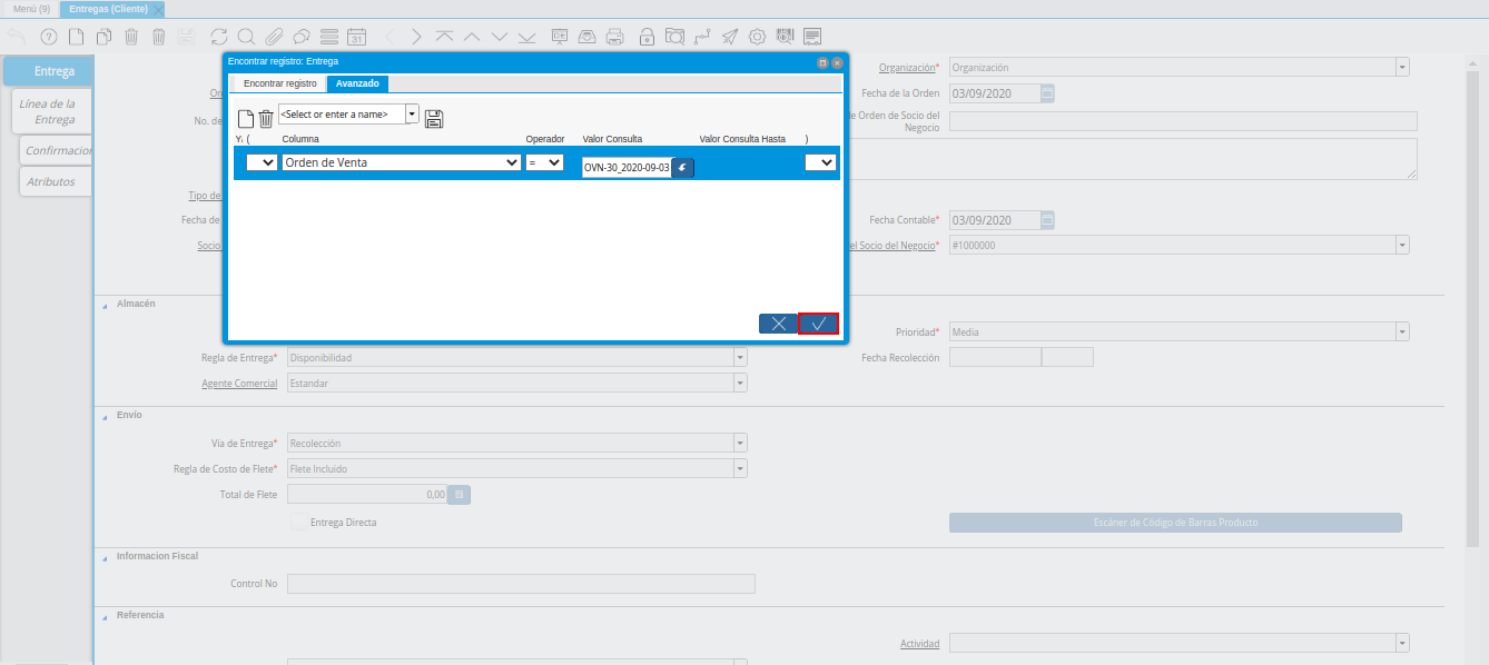 Opción OK de la Ventana Encontrar Registro Entrega