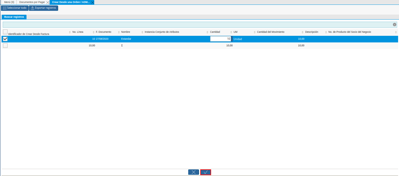 Opción OK de la Ventana Crear Desde una Orden ADM Factura Recepción en una Factura