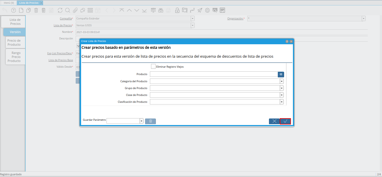 opción ok de la ventana crear lista de precios para lista de precios base