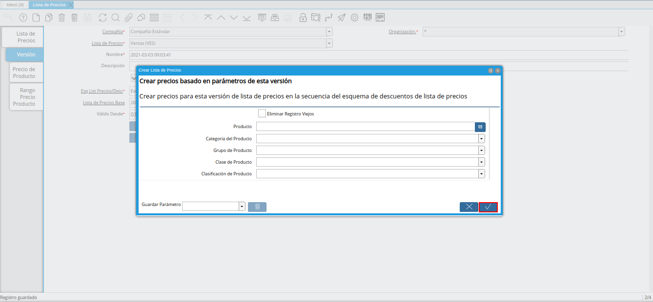 opción ok de la ventana crear lista de precios para lista de precios desde otra