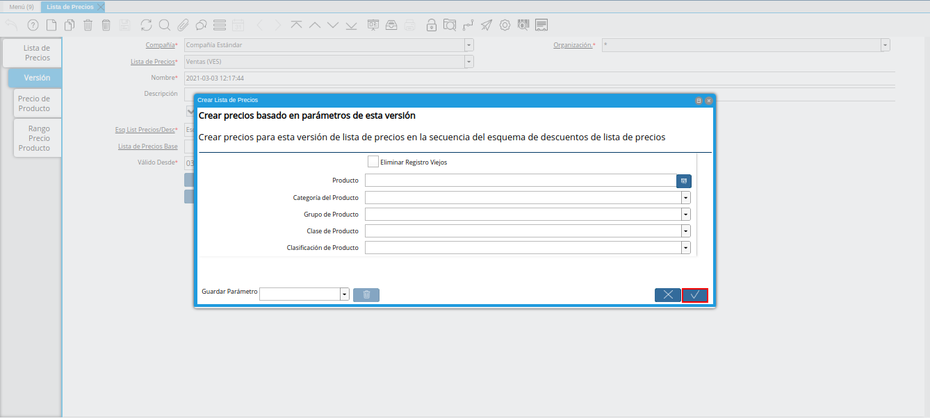 opción ok de la ventana crear lista de precios para lista de precios desde última oc procesada