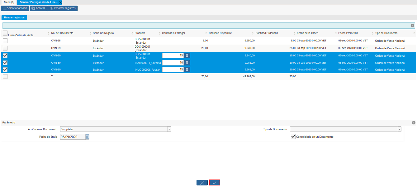 Opción OK de la Ventana Generar Entrega desde Líneas de la Orden