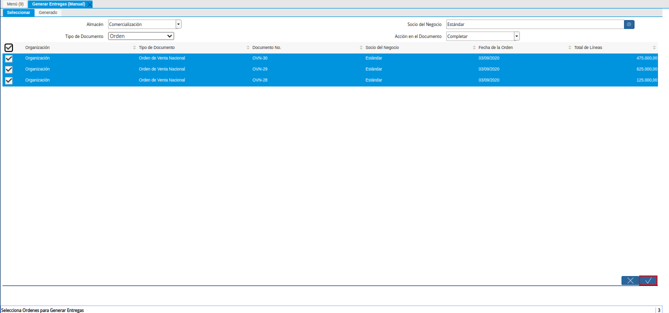 Opción OK de la Ventana Generar Entregas Manual