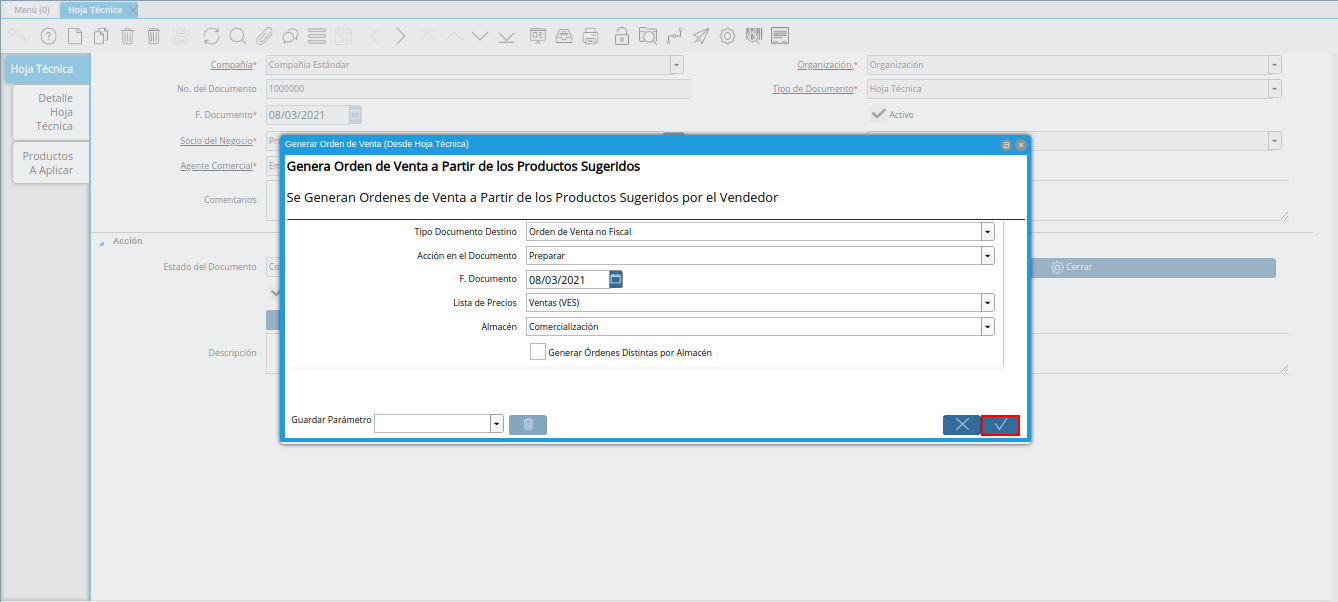 opción ok de la ventana generar orden de venta desde hoja técnica
