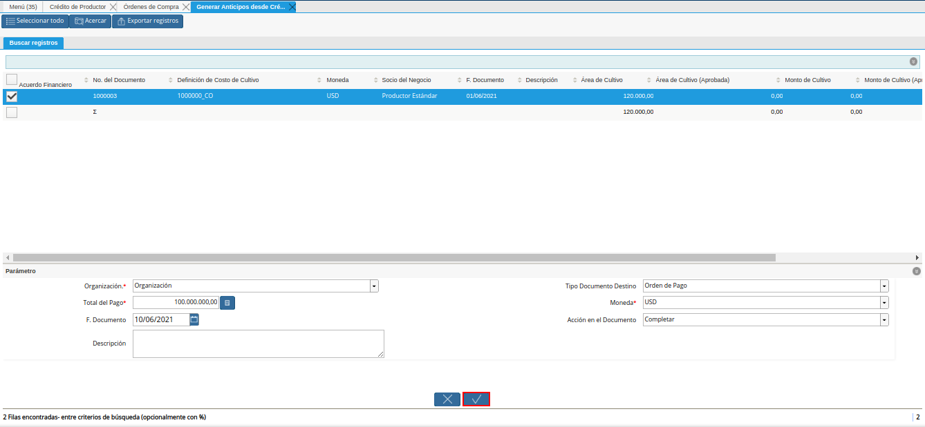 opción ok del generar anticipos desde crédito al productor