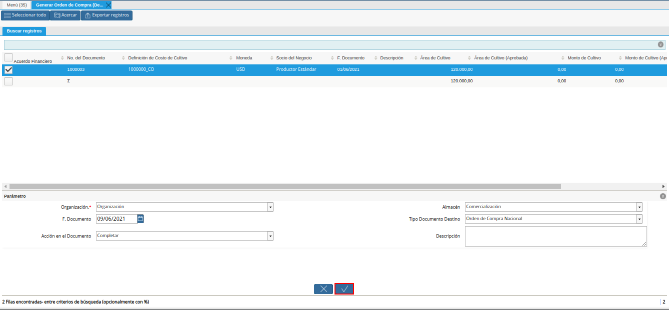 opción ok del generar orden de compra desde financiamiento agrícola