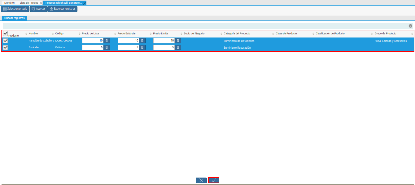 opción ok para cargar precios