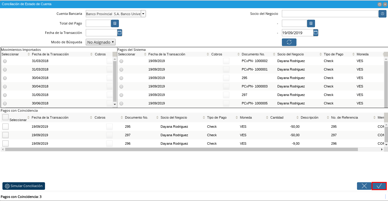 Opción OK para Guardar Coincidencias