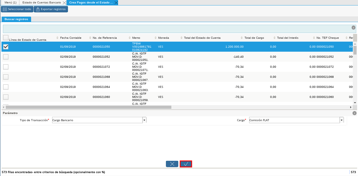 Opción OK para Crear Pagos Cobros de Comisiones