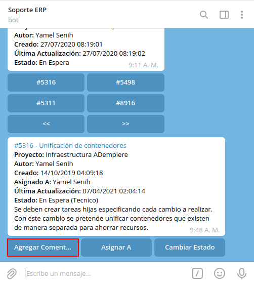 opción agregar comentario de la tarea específica del consultar tareas