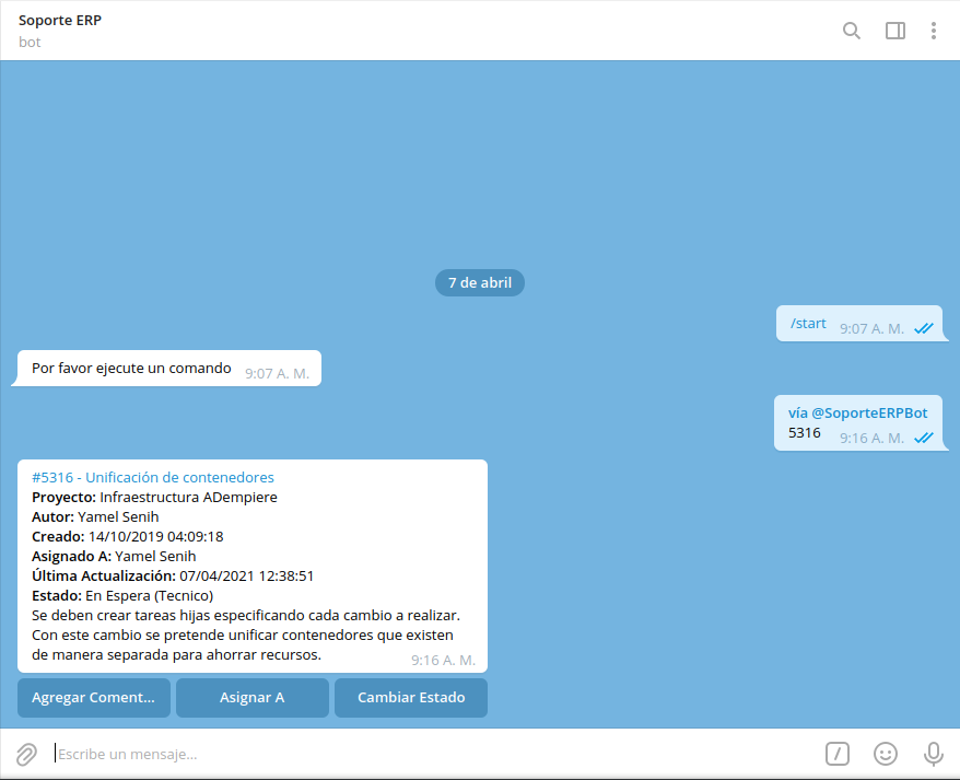 opción cambiar estado de la tarea específica