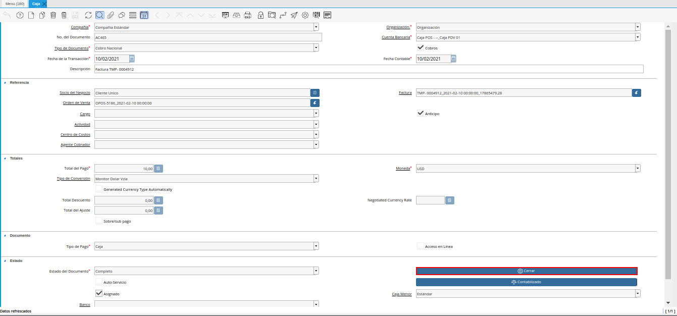 opción cerrar de la ventana caja