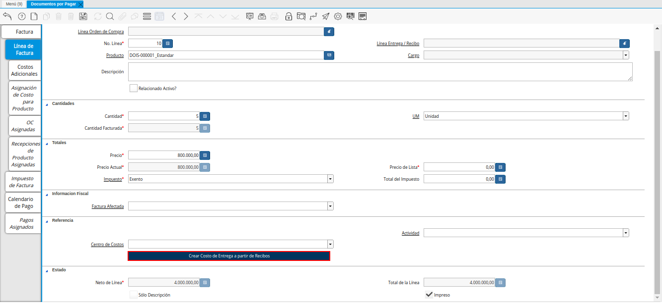 Opción Crear Costo de Entrega a partir de Recibos