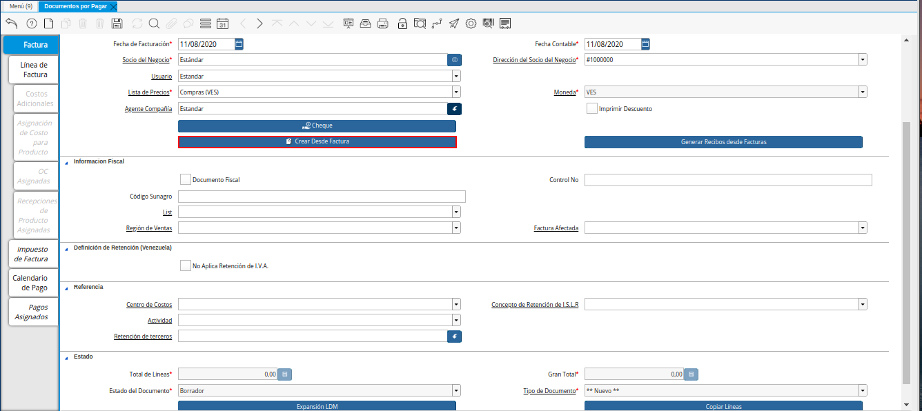 Opción Crear Desde Factura de la Nota de Crédito de CxP