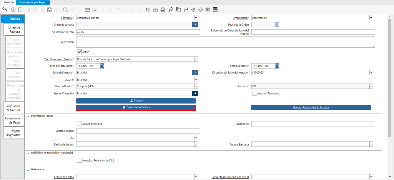 Opción Crear Desde Factura de la Nota de Débito de CxP