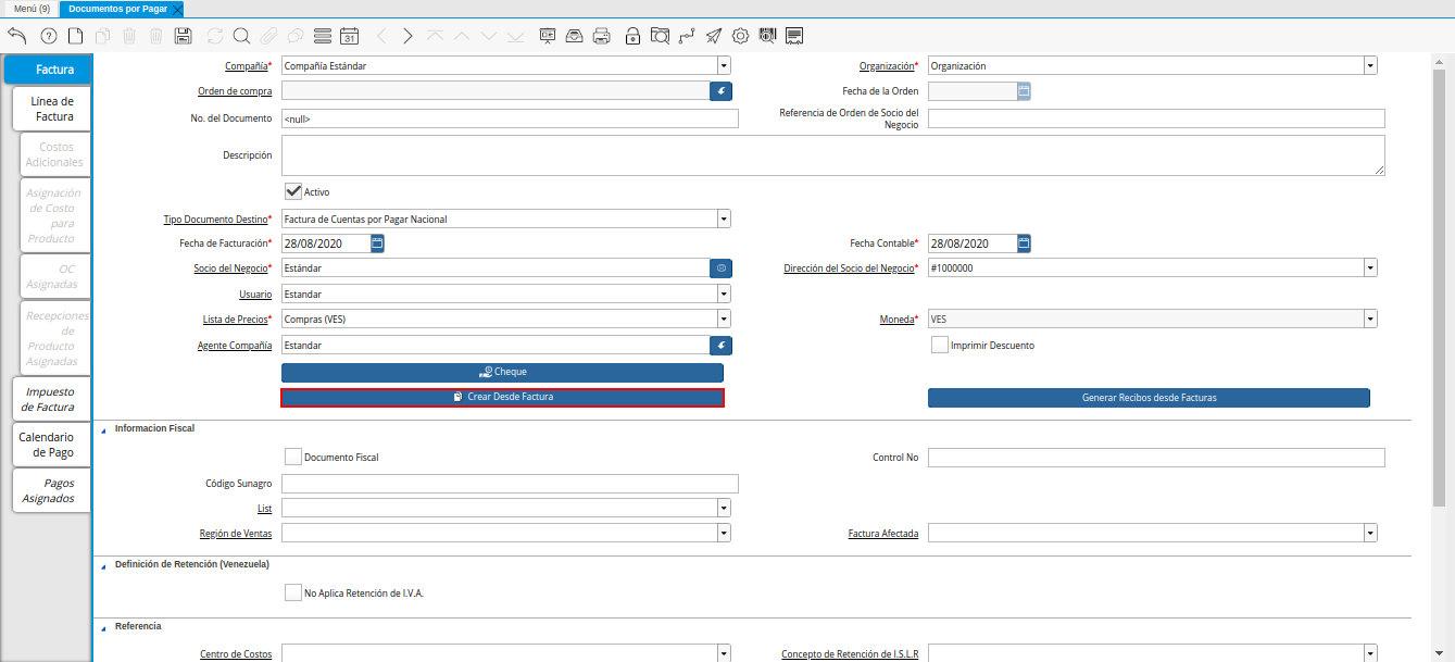 Opción Crear Desde Factura