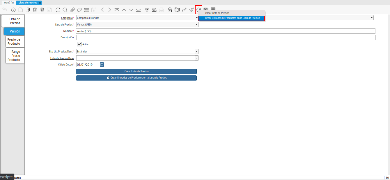 opción crear entradas desde el proceso