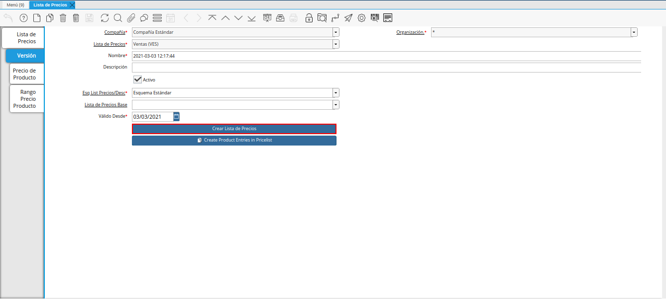 opción crear lista de precios para lista de precios desde última oc procesada