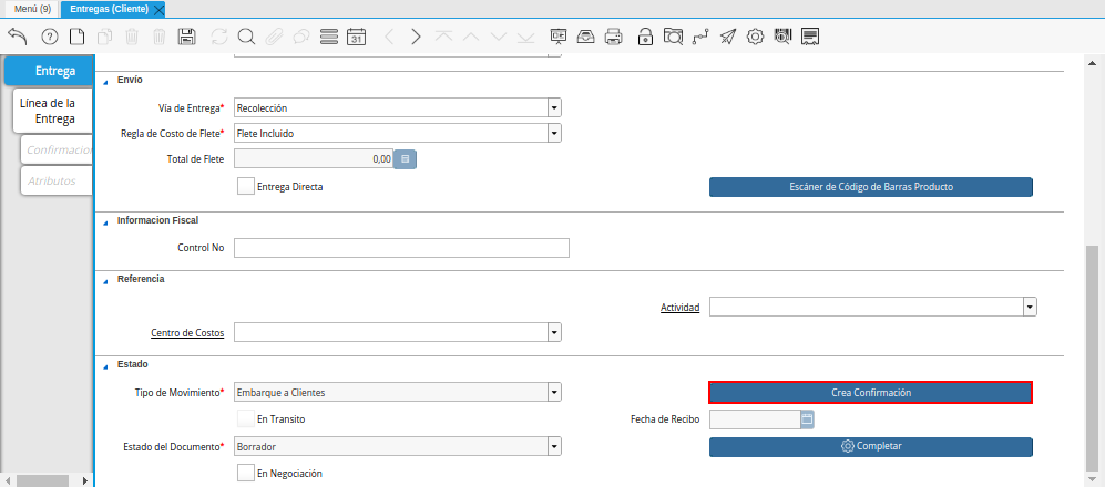 Opción Crea Confirmación de la Ventana Entregas Cliente