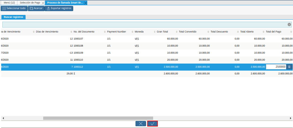 Opción Ok de la Ventana de Búsqueda Inteligente del Proceso Crear Desde Factura
