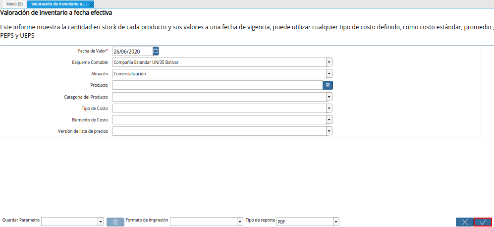 Opción OK de la Ventana Valoración de Inventario a Fecha Efectiva
