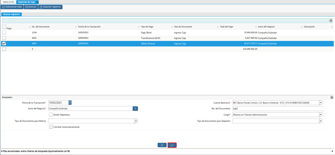 opcion ok de la ventana deposito a caja