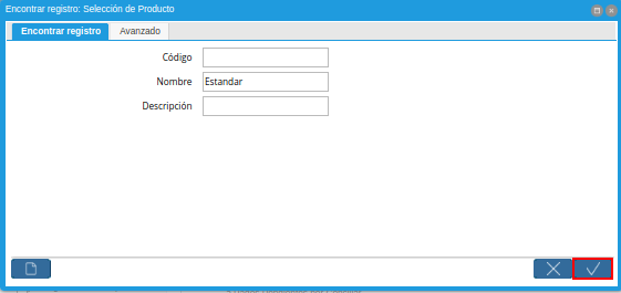 Opción OK de la Ventana Encontrar Registro Selección de Producto