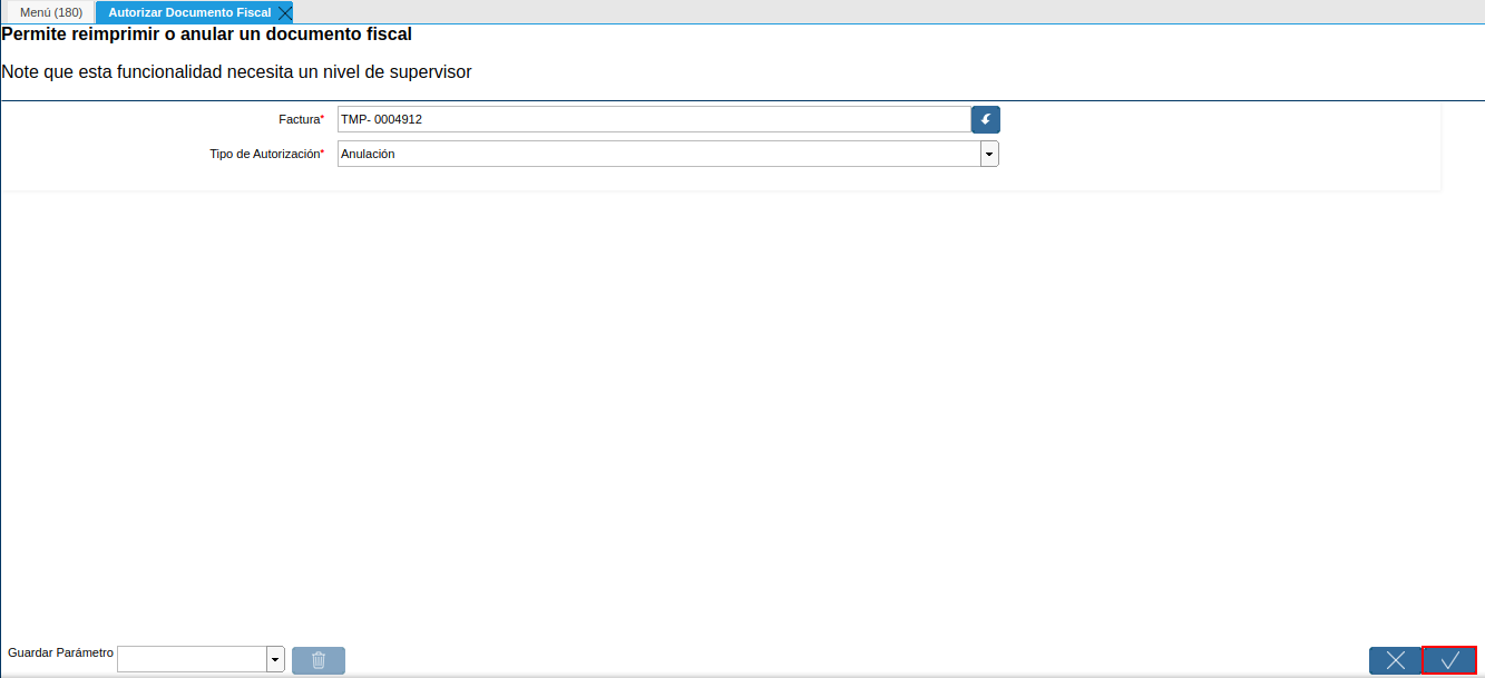 opción ok para ejecutar el proceso autorizar documento fiscal