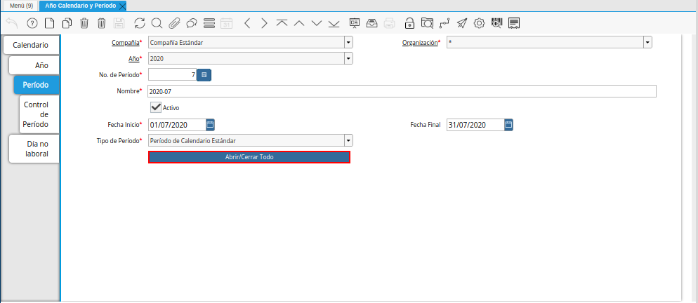 Opción Abrir Cerrar Todo de la Pestaña Período de la Ventana Año Calendario Período