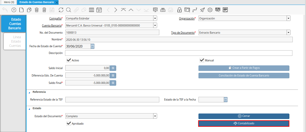 Opción Contabilizado de la Ventana Estado de Cuentas Bancario