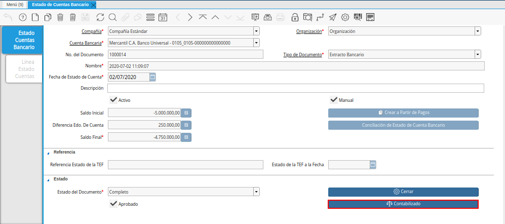 Opción Contabilizado de la Ventana Estado de Cuentas Bancario del Proceso de Ingreso