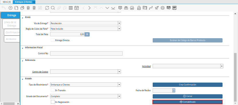 Opción Contabilizado de la Ventana Entregas Cliente