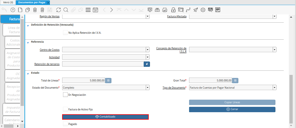 Opción Contabilizado de la Ventana Documentos por Pagar