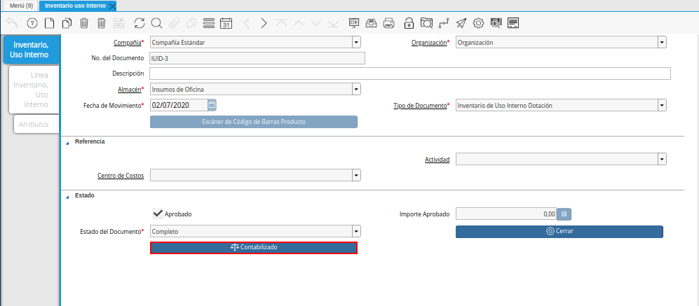 Opción Contabilizado de la Ventana Inventario Uso Interno
