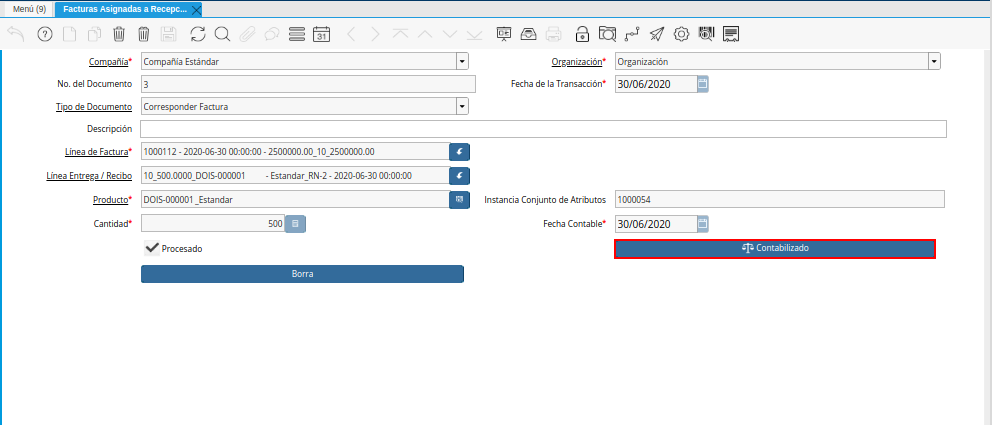 Opción Contabilizado de la Ventana Facturas Asignadas a Recepciones