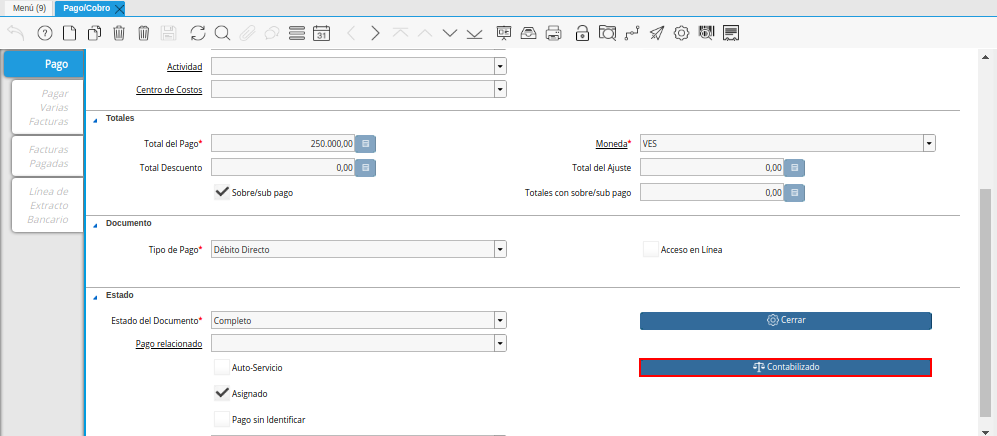 Opción Contabilizado de la Ventana Pago Cobro del Proceso de Ingreso