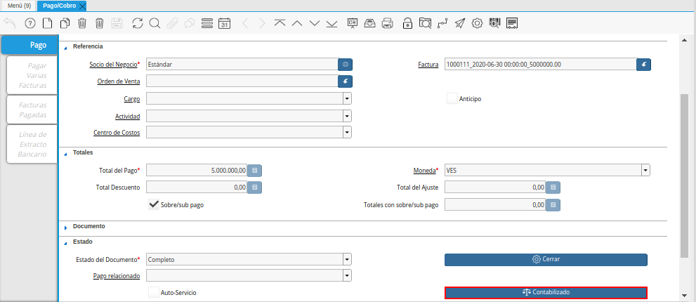 Opción Contabilizado de la Ventana Pago Cobro