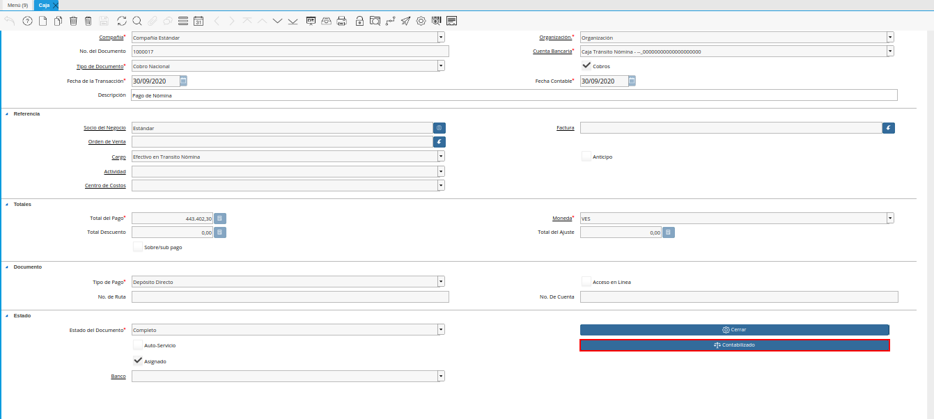 opción contabilizado de la caja nómina